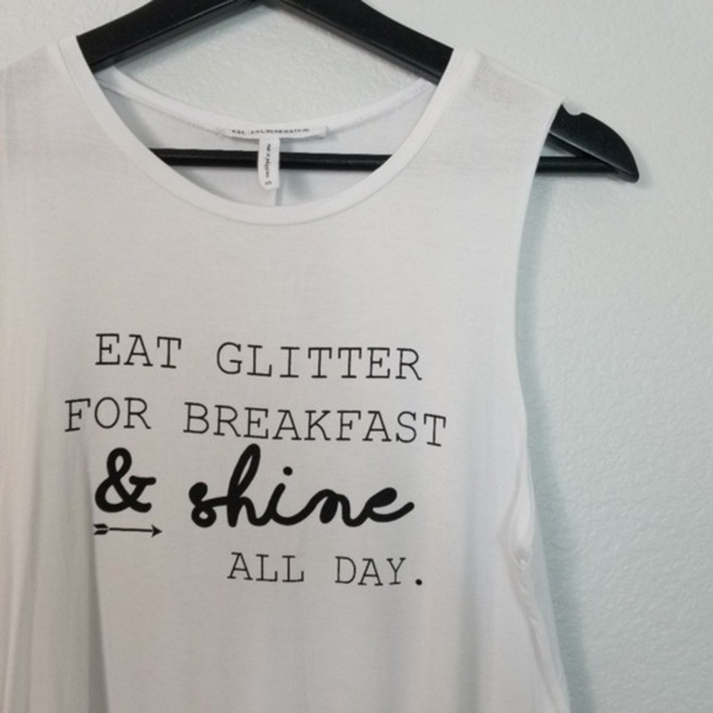 BCBGeneration Graphic Tank Top Womens XS White Eat Glitter For Breakfast Shine